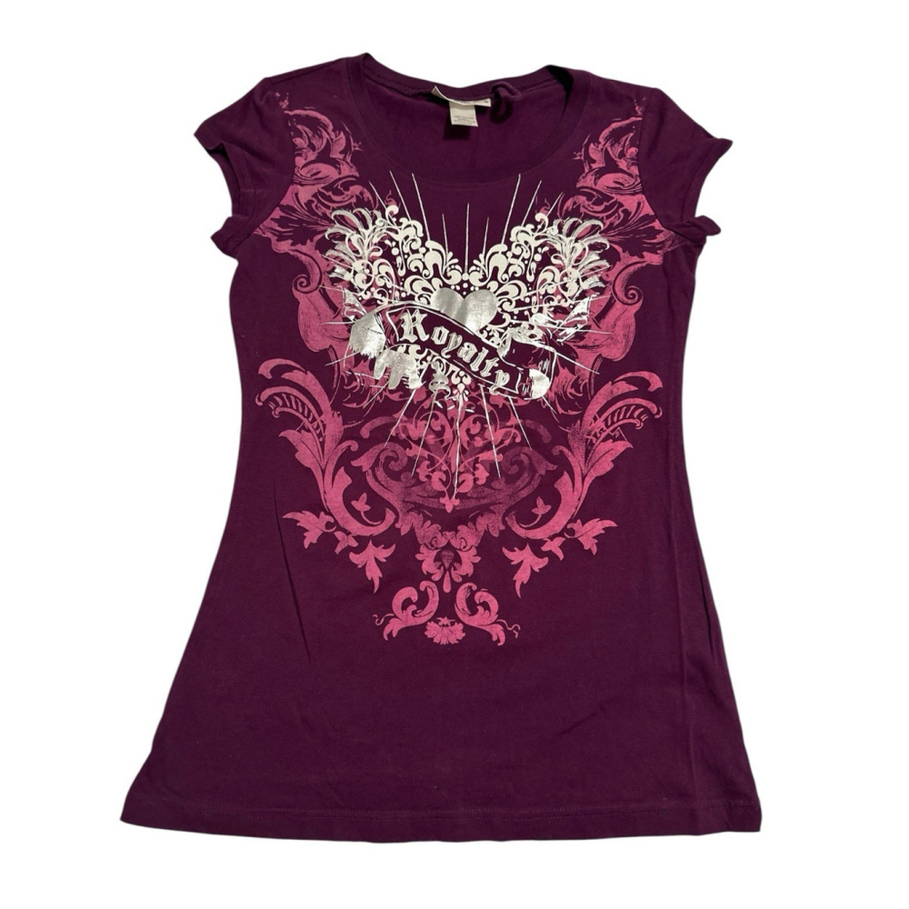 SELF ESTEEM Royalty Tee Shirt Top Womens Large Purple & Silver Slim Fit Blouse - Picture 4 of 14